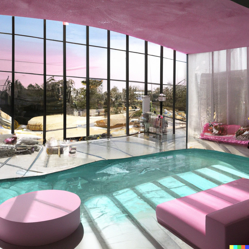 A sunlit indoor lounge area with a pool with clear water and another pool with translucent pastel pink water, next to a big window, digital art